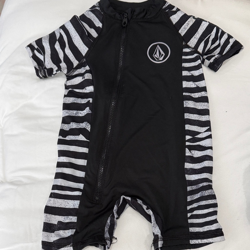 Volcom Black & White Zebra-Stripe Front-Zip Rashguard One-Piece